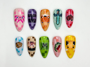Minecraft Game Press On Nails | Pixel Game Nail Art | Cute Pixel Sword & Mob Nails | Gamer Girl Press Ons | Fun Geeky Gaming Nails | OA810HC