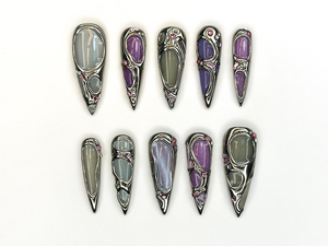 Futuristic Metallic Press On Nails | Silver Frame Nail Art | Gemstone Inspired Handmade Nails | Gray & Purple Luxury Nail Set | OC1158BC