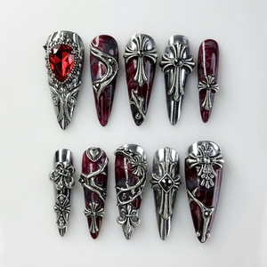 Gothic Blood Cross Press On Nails | Dark Red Medieval Nails | Silver Armor Nail Art | Gothic Cross Statement Nails | OB265EK