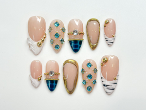 Blue Gem Nude Press On Nails for Luxury Women | Modern Gold Press Ons | Almond Luxury Nails | Chic Designer Inspired Nails | OC293HC