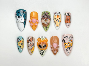 Whimsical Cartoon Kitty Press On Nails | 3D Cat Paw & Animal Faces | Cute Cartoon Pet Press Ons | Handmade Kawaii Nail Set | OB953H