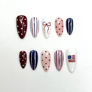 4th of July Press On Nails | Red White Blue Coquette Nails | Patriotic Almond Nails | USA Flag Summer BBQ Nails | Americana Nails | OB399LK