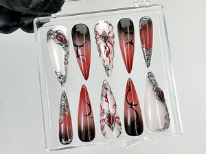Gothic Fantasy Press On Nails | Dark Glam Fake Nails | 3D Red & Black Flame Nail Art | Handmade Dark Press Ons | Blood Nail Art | OB879YC