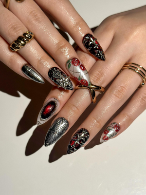 Gothic Rose Black Press On Nails | Dark Red Black Luxury Nail Art | Baroque Armor Stiletto Nails | Handmade Gothic Statement Nails| OB1286EC