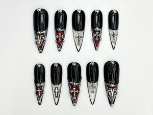 Gothic Cross Tip Press On Nails | Vampire Red & Black Nails | Gothic Triangle Accent Nails | Religious Symbol Nails | Dark Glam Nail| OC865H
