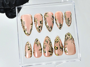 Nude Gold Leaf Press On Nails | Elegant Baroque Swirl Fake Nails | Metallic Accent Luxury Nail Art | Gold Foil Nude Press Ons | OB898YC
