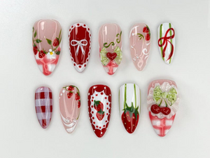Strawberry Picnic Press On Nails | Cute 3D Strawberry And Bow Nail Art | Gingham Vintage Picnic Nails | Red & Pink Summer Nails | OB822H