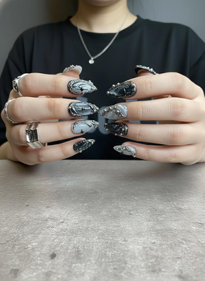 Silver Gothic Press On Nails | Black Chrome Metallic Nail Art | Handmade Dark Luxury Press Ons | Abstract Stiletto Nails | OC1254GC