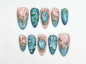 Teal Cat Eye Press On Nails | Elegant Vintage Nail Art | Ocean Marble Luxury Nails | Floral Blue Gradient Nails | Classy Press Ons | OB332HK