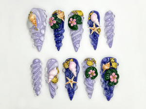 Mermaid Shell Spiral Press On Nails | Ocean-Inspired 3D Nail Art | Seashell Starfish Lilac Nails | Fairycore Beach Nail Set | OB861H