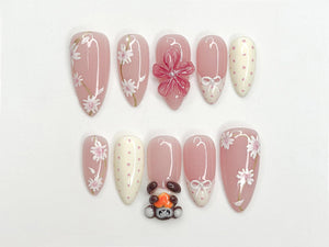 Soft Pink Mokey Press On Nails | Cute Bow & Daisy Nail Art | Kawaii Nails | Elegant Spring Nail Design| Handmade Romantic Press Ons| OC329HC
