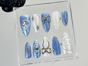 Blue Pearl Star Press On Nails | 3D Bow & Star Design Fake Nails | 3D Bow Star Nail Art | Handmade Artistic Press Ons |Luxury Nails |OC875YK