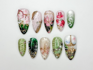Asian Inspired Luxury Press On Nails | Jade Green Gold Floral Nails | Handpainted Pagoda Nail Art | Elegant Statement Press Ons | OB309HC
