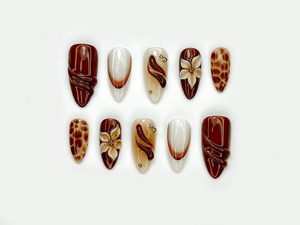 Mocha Bloom Autumn Press On Nails | Brown Nude Gradient Nail Set | 3D Flower & Gold Bead Accents | Luxury Tortoiseshell Nail | OB1102EK
