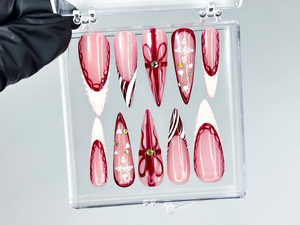 Elegant Burgundy Christmas Press On Nails | Glossy Christmas Nail Art| Winter Holiday Nail Art | Glossy Stiletto Press Ons | OB1194EC