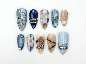 Luxury Blue Silver Press On Nails | Nude Gilded Ring Nail Art | Nude & Steel Statement Nails | High Fashion Almond Nails | OB1023EC