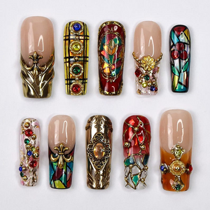 Handmade Baroque 3D Press-On Nails | Stained Glass Vitreaux Design | Long Square Gothic Fake Nails for Holiday, Vacation, Birthday | OB907L