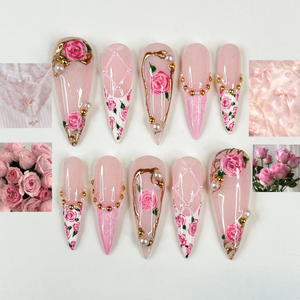 Pink Rose Press On Nails for Bridal | Handmade Rose Flower Nails with Pearls | Elegant Wedding Press Ons | Gold Frame Floral Nails | OB295HC