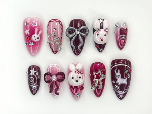 Gothic Bunny Dream Press On Nails | Red And Pink Festive Nail Art | 3D Bunny & Bow Charms | Starry Holiday Glam Nails | OB1177BC
