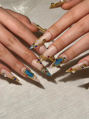 Luxury 3D Jewelry Press On Nails, Gold Filigree and Blue Gemstone False Nails, Royal Core Stiletto Nails for Gala or Wedding | OB1022HC