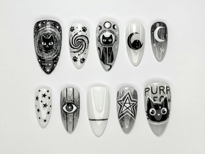 Cosmic Black Cat Press On Nails | Gothic Cat Nail Art | Moon Star Astrology Nails | Witchy Black White Press Ons | Mystic Nail Set | OB263H