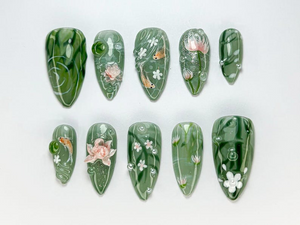 Green Forest Koi Press-On Nails | Handmade Koi Fish Nail Set | Green Floral & Marble Press-Ons | Glossy Press-On Nail Set | OB723HK