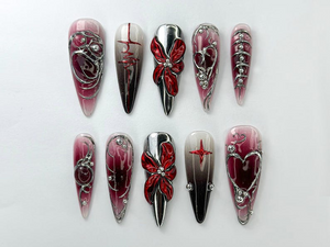 Gothic Blood Red Press-On Nails | Edgy Black And Red Press-Ons | Gothic Press-On Set | Cyberpunk & Gothic Nails | OB726HC