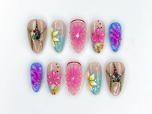Tropical Bloom Press On Nails | 3D Flower Summer Nails | Colorful Citrus Slice Nails | Hand Painted Floral Nails | Vacation Nails | OB319H