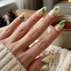 Luxury Christmas Press On Nails | Gold Snowflakes And Pine Accents Fake Nails | Festive Holiday Nail Polish | Seasonal Nail Art | OC650YC