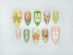 Green Garden Press On Nails | 3D Floral Accents, Ladybug Charms & Whimsical Pastel Nail Art | Handmade Nature-Inspired Nail Set | OB123EC