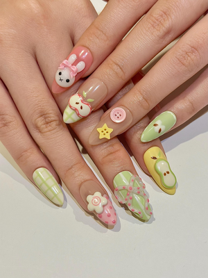 Kawaii Bunny Easter Press On Nails, Pastel Green and Pink Plaid Nails, Colorful Pastel Gingham Fake Nails For Cute Lover, OB1291H