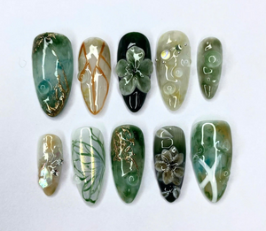 Handmade Jade Press On Nails | Glossy Green Botanical Nails | Elegant Stone Look Nails | Gold Marble Accents | 3D Nail Set OB781Y