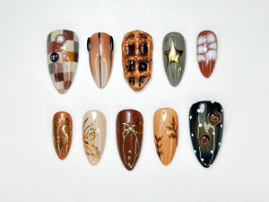 Autumn Brown Press On Nails | Cozy Fall Plaid & 3D Waffle Nail Art | Handmade Neutral Brown Nail | Rustic Autumn Inspired Press Ons |OB161HK