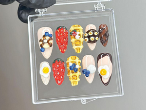 Kawaii Brunch Press On Nails | 3D Food Nail Art | Strawberry Waffle Press Ons | Funny Food Fake nails | Egg & Strawberry Nails | OB955YC