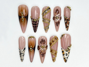 Leopard Gold Floral Press On Nails | 3D Animal Print Nail Art | Golden Bead Glam Nails | Handmade Exotic Press Ons | Fashion Nails | OC841H