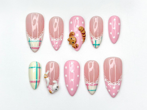 Cute Cat Pink Press On Nails | 3D Kitty Nail Art | Kawaii Pastel Plaid Nails | Handmade Character Nails | Soft Girl Cat Press Ons | OB323HC