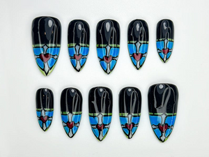 Stained Glass Heart Press On Nails | Blue Black Gothic Nail Art | Hand Painted Window Glass Design | Red Heart Accent Nails | OC846HC