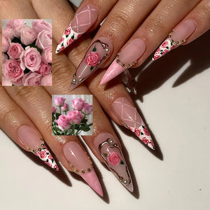 Vintage Rose Stiletto Press On Nails | Pink Rose Bridal Nails for Women | French Tip Floral Nails | Pearl Gold Nail| Romantic Nail |OB1276HC