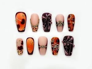 Fall Orange Leopard Press On Nails | Autumn Handmade Luxury Set | 3D Bow & Butterfly Nail Art | Fall Statement Design | OB1095EC