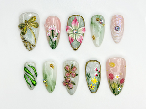 Elegant Flower Garden Press On Nails | 3D Wildflower & Dragonfly Nails | Nature-Inspired Floral Nail Art | Elegant Spring Press Ons |OC816HC