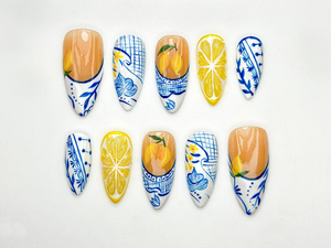 Lemon Garden Press On Nails | Blue White Floral Ceramic Nail Art | Summer Lemon Zest Nails | Fresh Fruit Nails | Fresh Nails | OC934HK