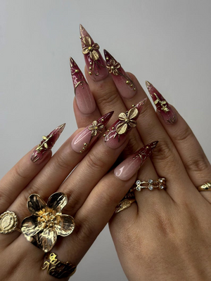 Golden Red Press On Nails | Burgundy & Gold Floral Nail Art | 3D Metallic Flower Design | Luxury Nail Set | Long Stiletto Press Ons| OC878HC