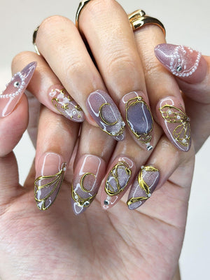 Luxury Purple Cat-Eye Nails | 3D Golden Butterfly & Moon Press Ons | Mystic Celestial Pearl Stiletto Art | Fairy Nails | OB1339IK
