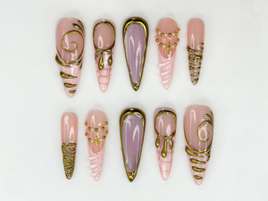 Nude Pink Gold Press On Nails | Luxury Molten Metal Nail Art | Elegant Long Stiletto Press Ons | Baroque Couture Nail Design | OC1246HC