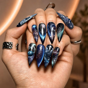 Galaxy Space Press On Nails Long Stiletto • 3D Planet Art • Nebula Milky Way Handpainted Stars • Festival Rave Party • OB1362LG