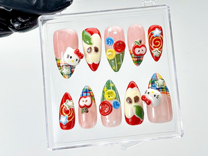 Hello Kitty Apple Press On Nails | Kawaii Cartoon Fake Nails | Fun 3D Fruit Nail Art | Playful Japanese Nails | Kawaii Nails | OB904YK