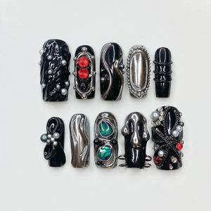Gothic Black Press On Nails | Dark Silver Nail Art with Red Stones | Handmade Luxury Nails | Statement Gift for Her | OB1255GC