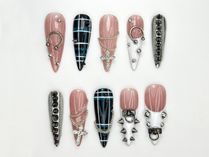 Punk Cross Chain Press On Nails | Gothic Plaid Nail Art | Spiked Pierced Punk Nails | Black White Silver Press Ons | Edgy Nail Set | OC864HK