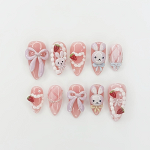 Soft Pink Bunny Press On Nails | Kawaii Nail Art with Bows | Handmade Pastel Nails | Sweet Gift for Her | OB1112GC