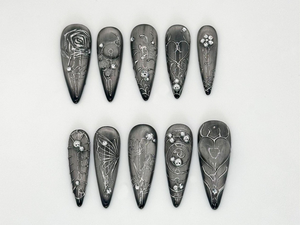 Elegant Silver Gothic Press-On Nails | Intricate Butterfly and Rose Silver Nails | Luxury Silver Gothic | Butterfly & Rose Design | OC630LC